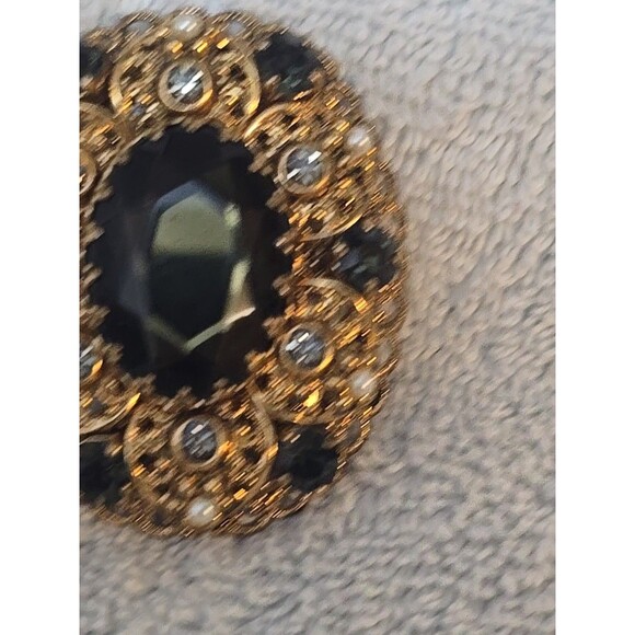 West Germany Hematite Glass Rhinestone and Pearls Gold Filigree Vintage Pendant - Picture 3 of 15